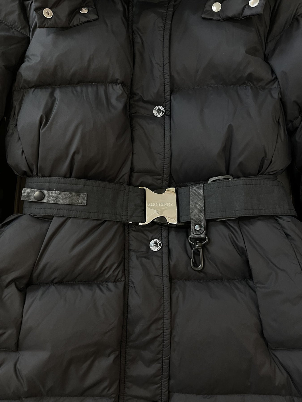 Burberry Long Belted Down Jacket — detail