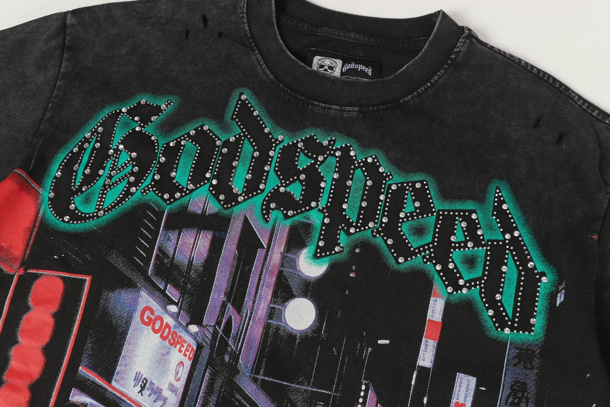 Godspeed City Car Rhinestone Graphic T-Shirt — detail
