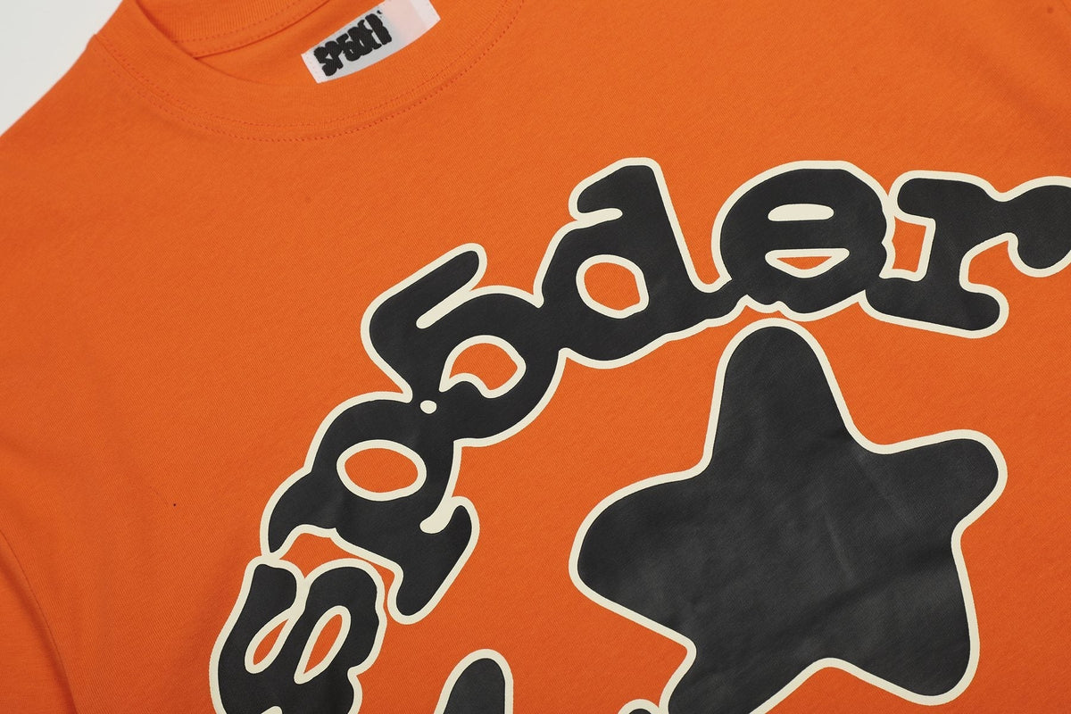 Sp5der Orange Star Graphic T-Shirt — detail