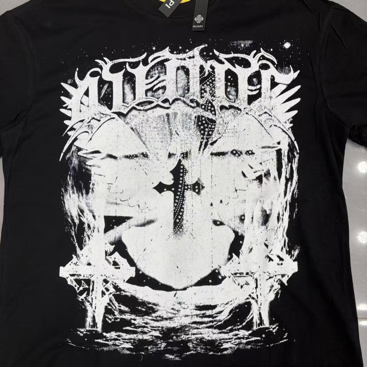 GUAPI Distressed Rhinestone Graphic T-Shirt — detail