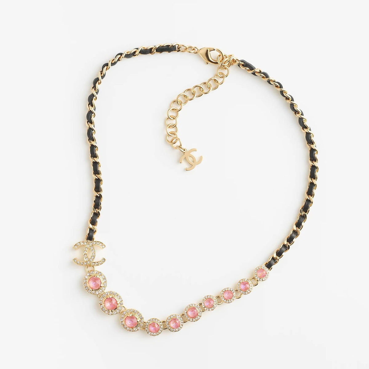 Chanel Pink Crystals Leather 18K Gold Necklace