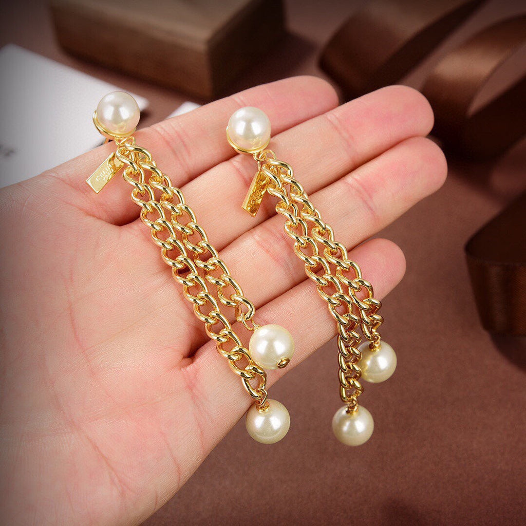 Celine Pearls Long 18K Gold Earrings
