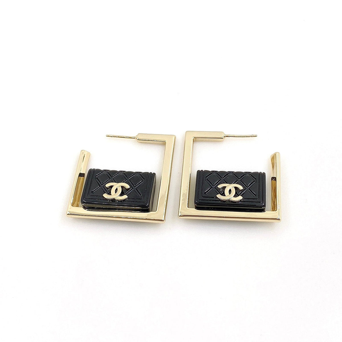 Chanel Black Bag Pendant 18K Gold Earrings
