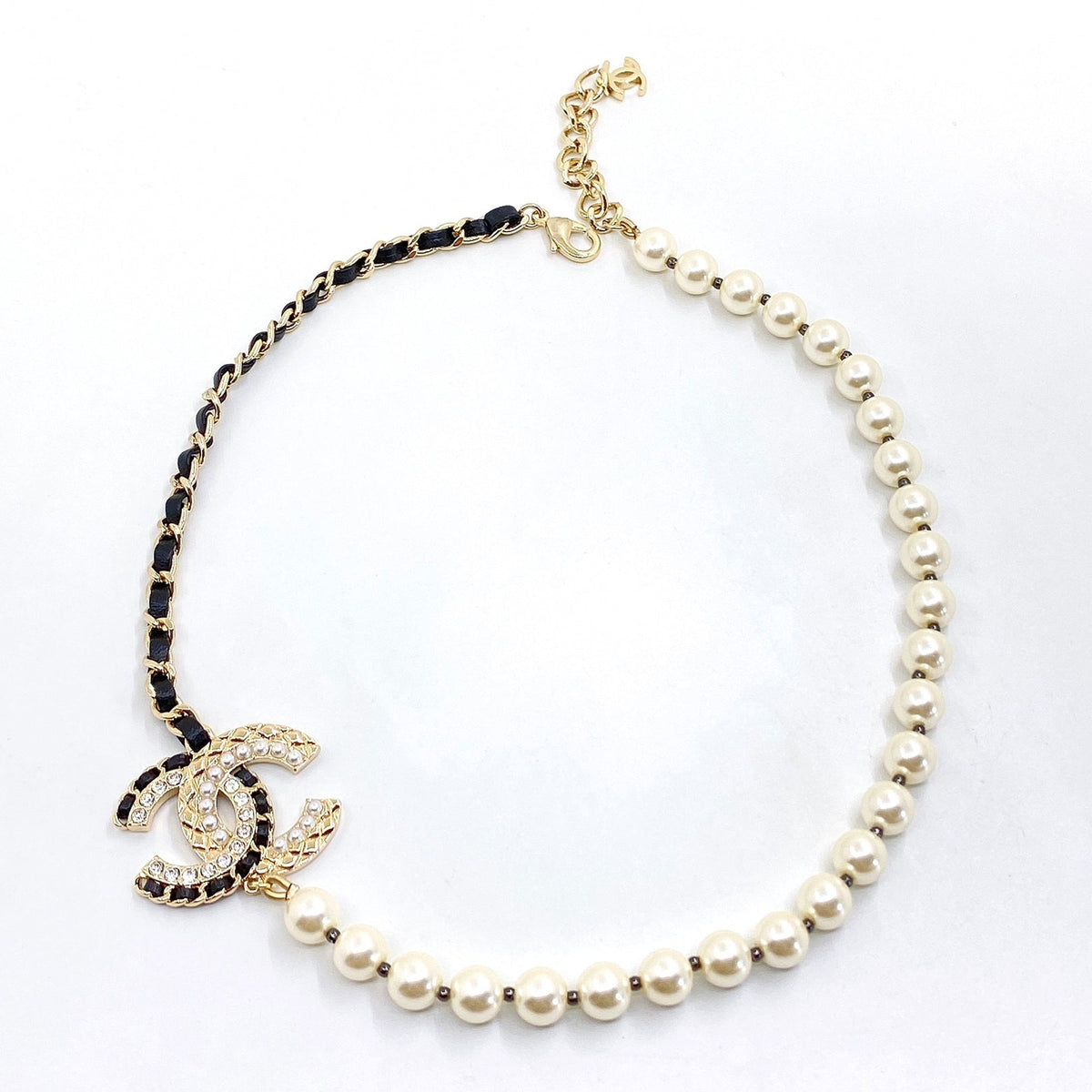 Chanel Leather Pearls 18K Gold Necklace
