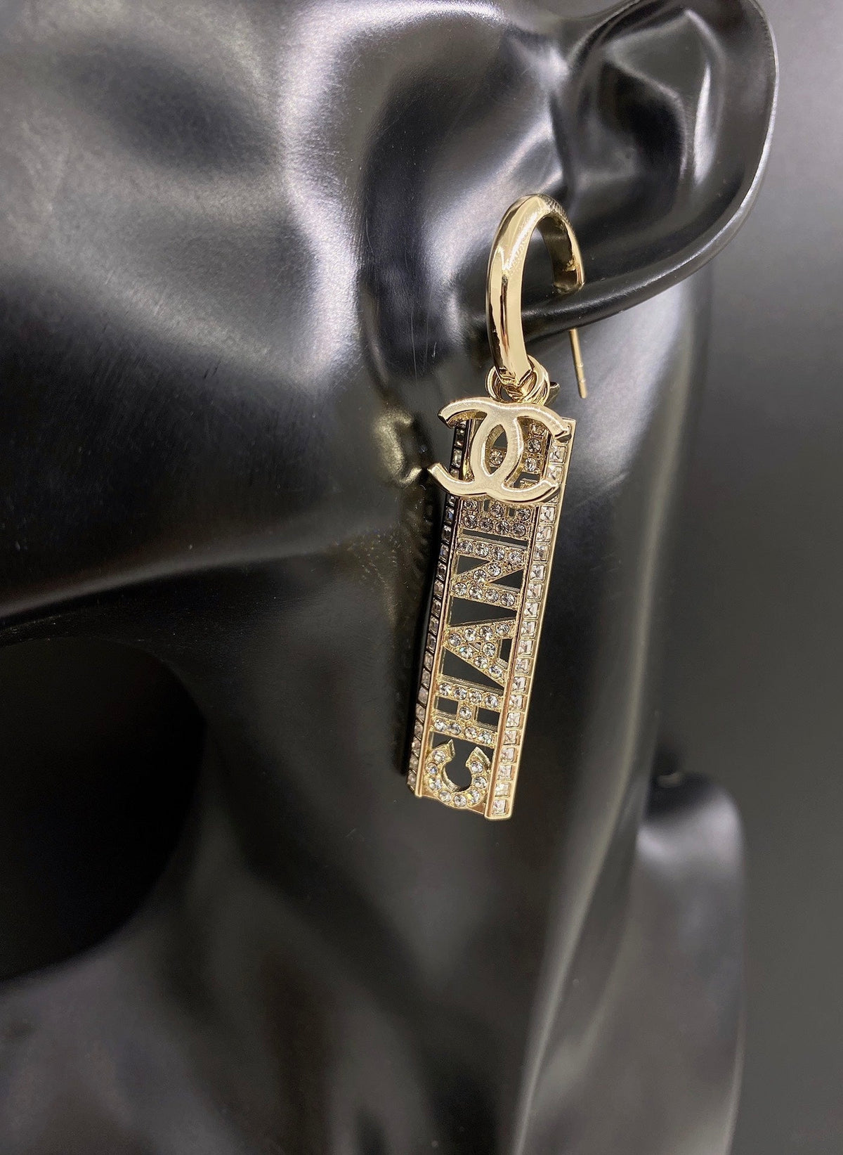 Chanel Crystals Long Letter 18K Gold Earrings