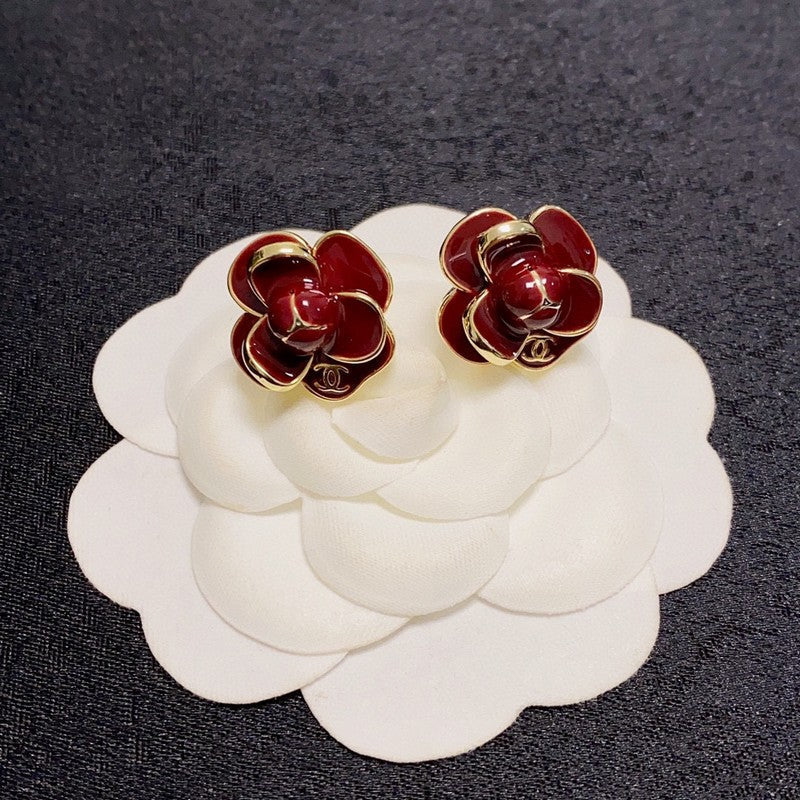 Chanel Red & Pink Camellia 18K Gold Earrings