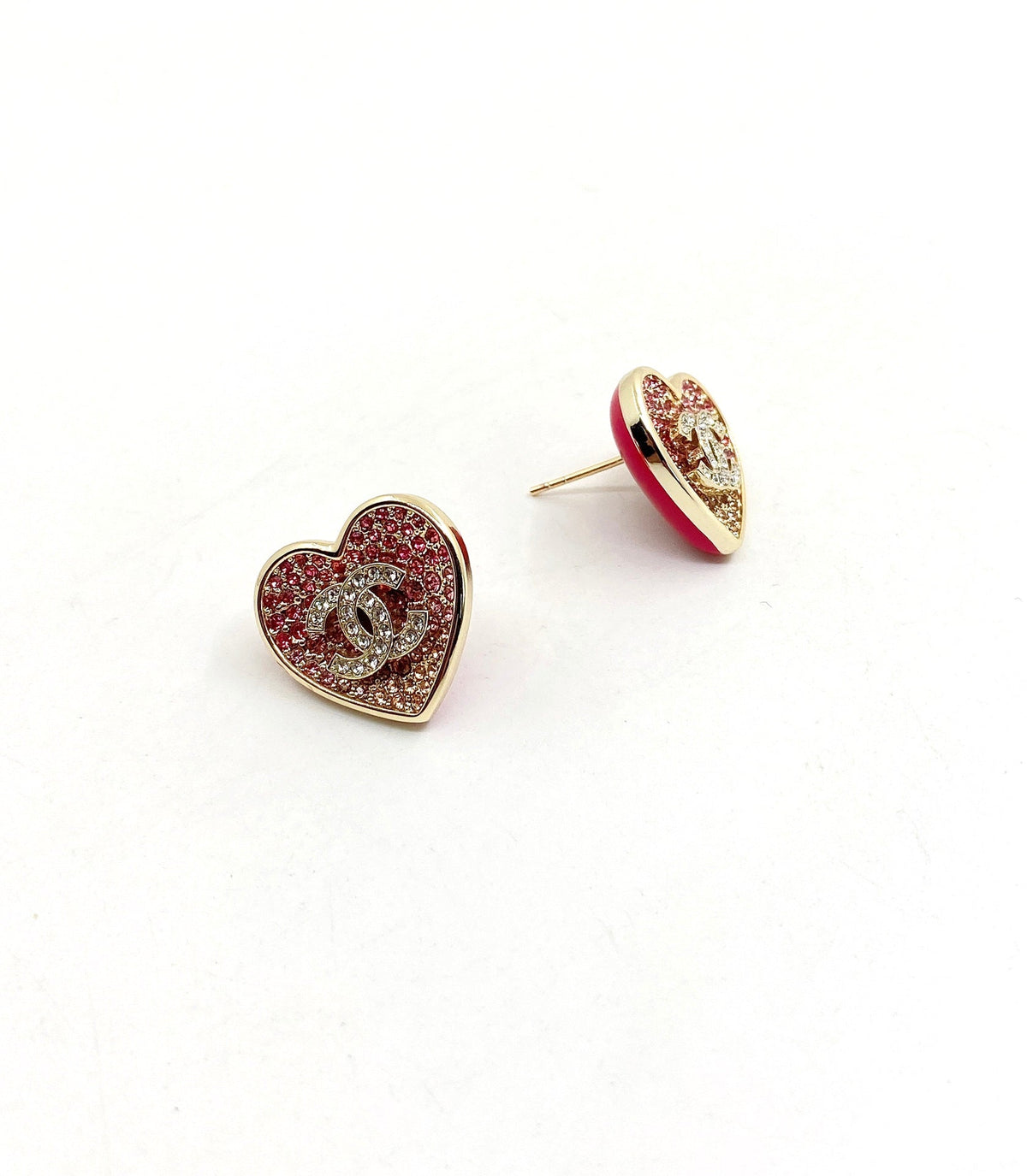 Chanel Diamond Pink Heart 18K Gold Earrings