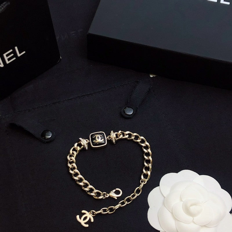 Chanel Black Logo Gold Chain 18K Gold Bracelet