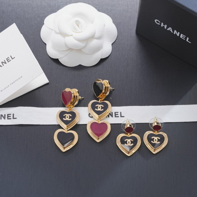 Chanel Black & Red Heart Gold Long 18K Gold Earrings