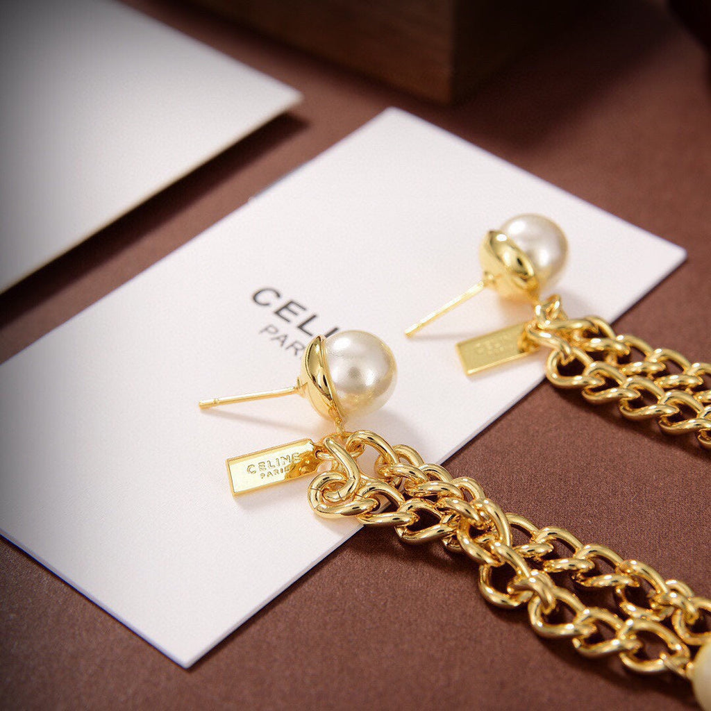 Celine Pearls Long 18K Gold Earrings