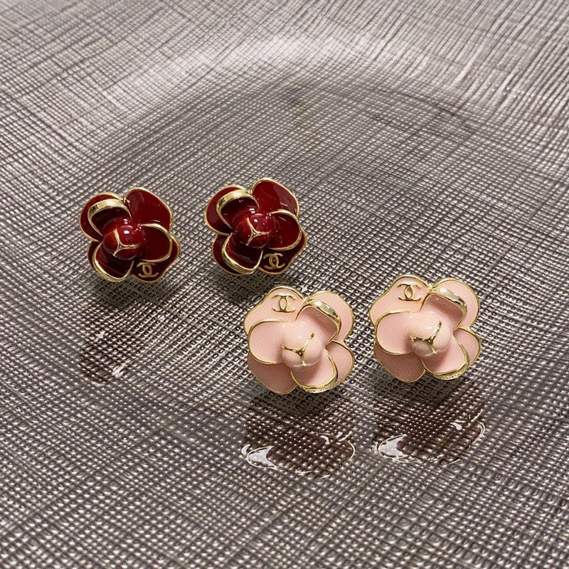 Chanel Red & Pink Camellia 18K Gold Earrings
