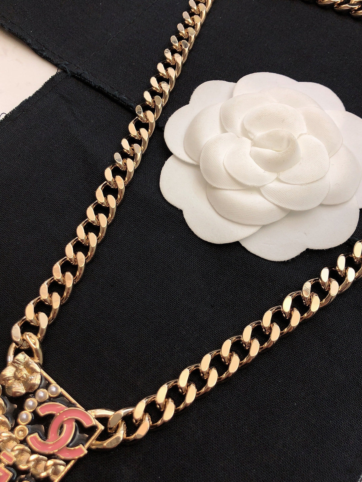 Chanel Pink Logo Chain 18K Gold Necklace