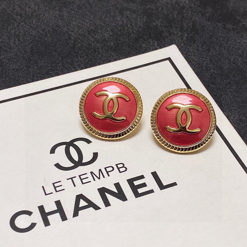 Chanel Red Round 18K Gold Earrings