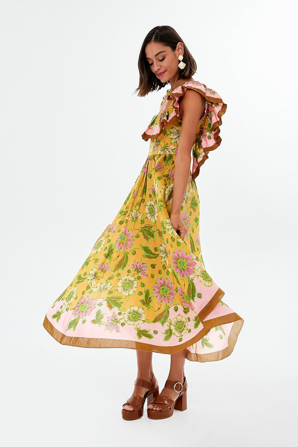 Tangerine Winnie Ruffle Neck Midi Dress