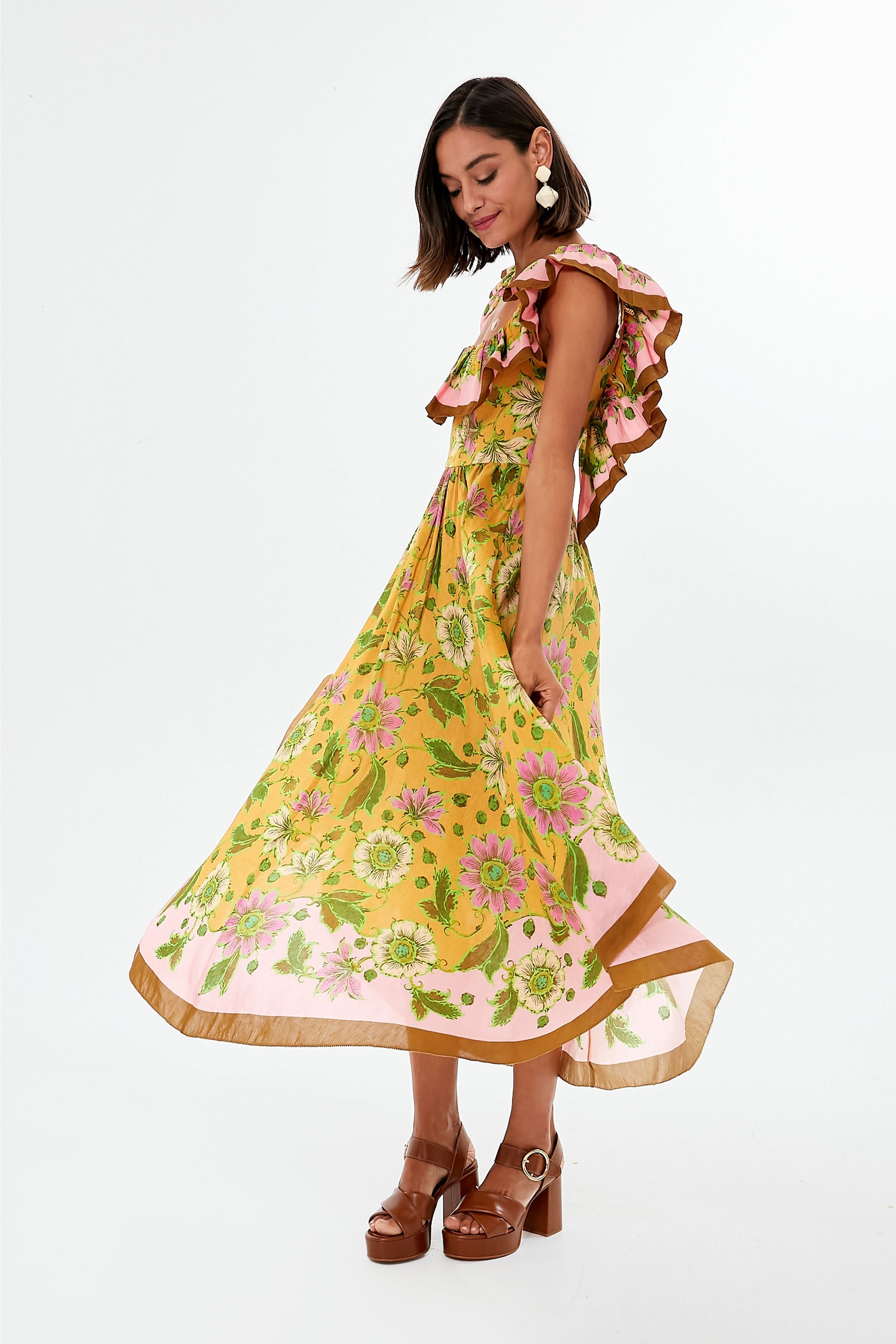 Tangerine Winnie Ruffle Neck Midi Dress