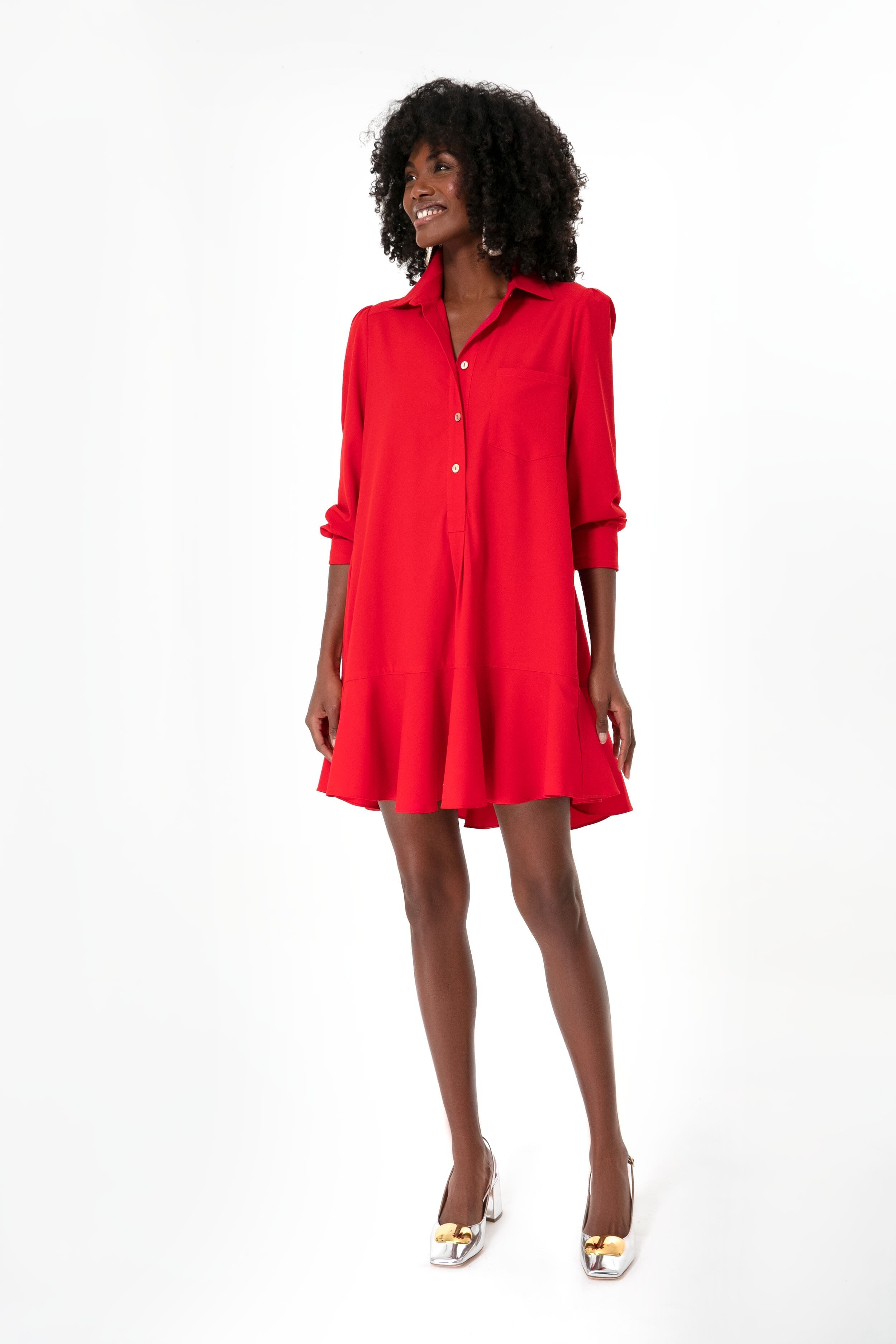 Red Crepe Callahan Shirt Dress